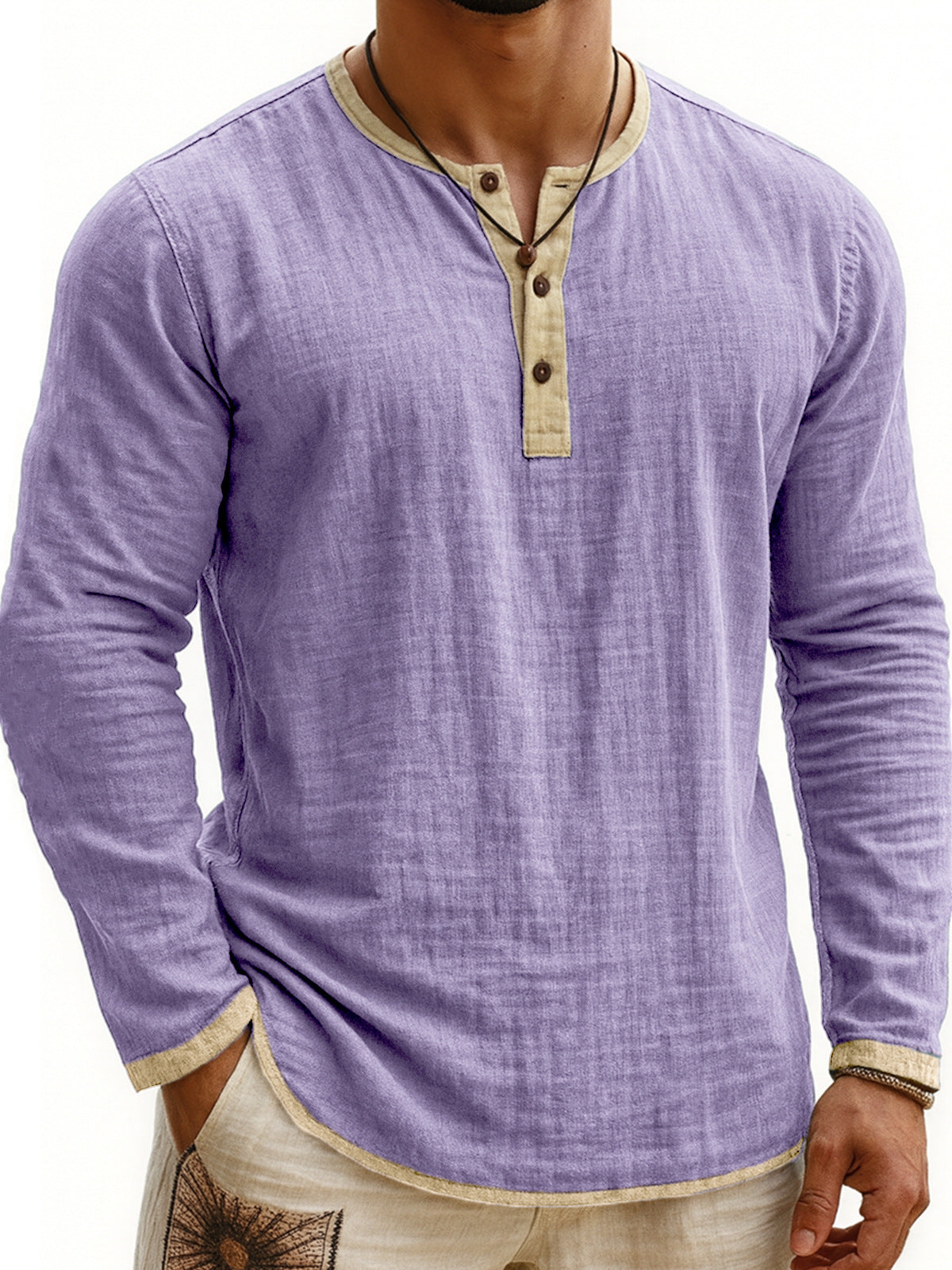 Camiseta Henley de manga larga con estampado digital bicolor para hombre – Corte ajustado de 3 botones