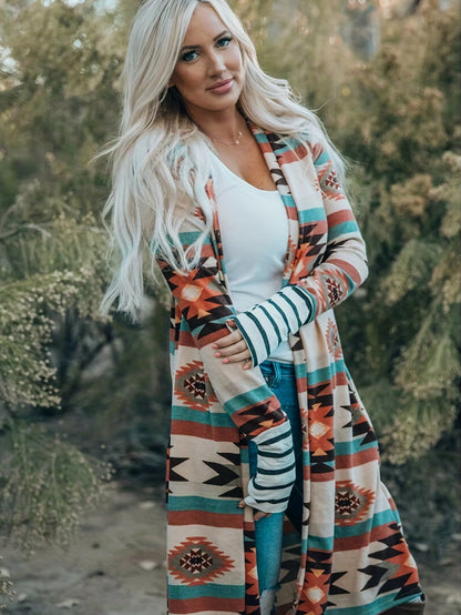 Cárdigan con estampado azteca del suroeste – Chaqueta de punto turquesa y roja para mujer