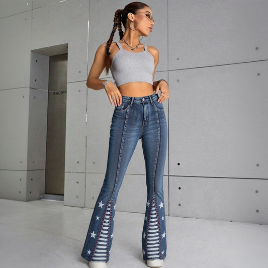 Jeans acampanados de tiro alto para mujer con diseño de estrella – Campana que realza las curvas