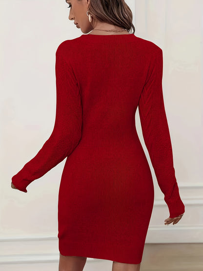 Vestido ajustado de manga larga con cintura ceñida – Elegante vestido de suéter con cuello redondo