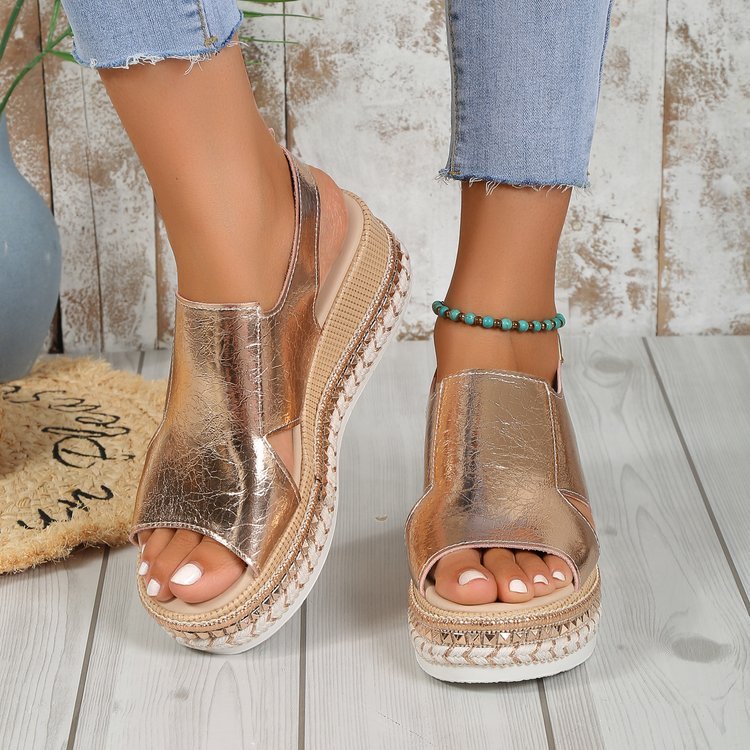 Loom & Soul™ Sandalias de cuña brillantes – Sandalias de mujer con boca de pescado hueca y hebilla