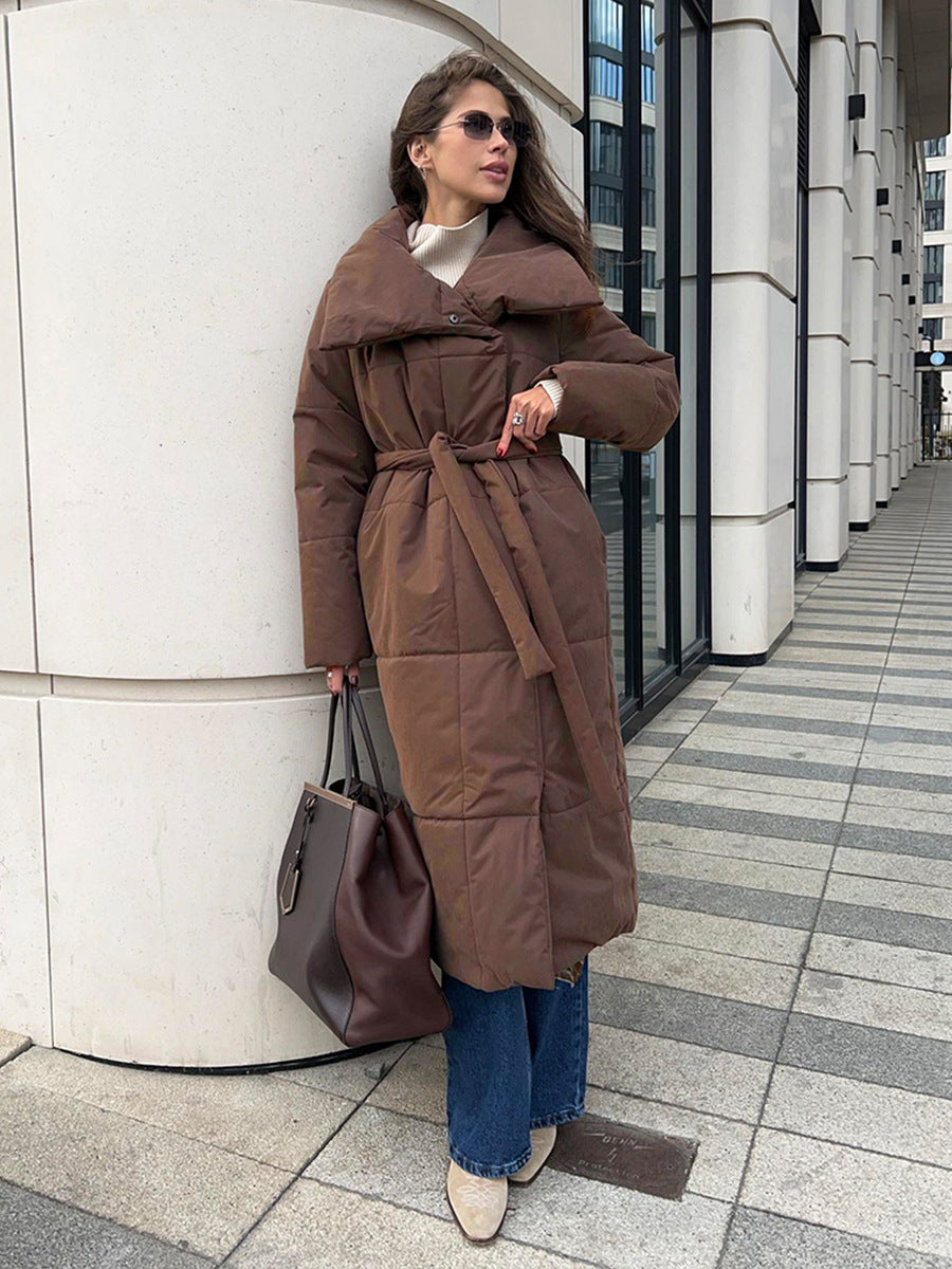 Abrigo de invierno con solapa grande para mujer Loom & Soul™ – Chaqueta larga acolchada de algodón cálido con cinturón y bolsillos