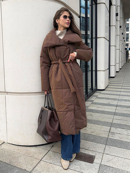Abrigo de invierno con solapa grande para mujer Loom & Soul™ – Chaqueta larga acolchada de algodón cálido con cinturón y bolsillos