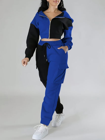 Colorblock Hooded Jacket & Cargo Pants Set – Women’s Zip-Up Two-Piece