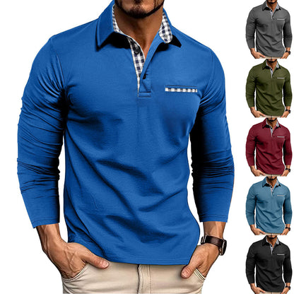 Loom & Soul™ Polo de hombre de manga larga con retales de cuadros y color liso - Casual