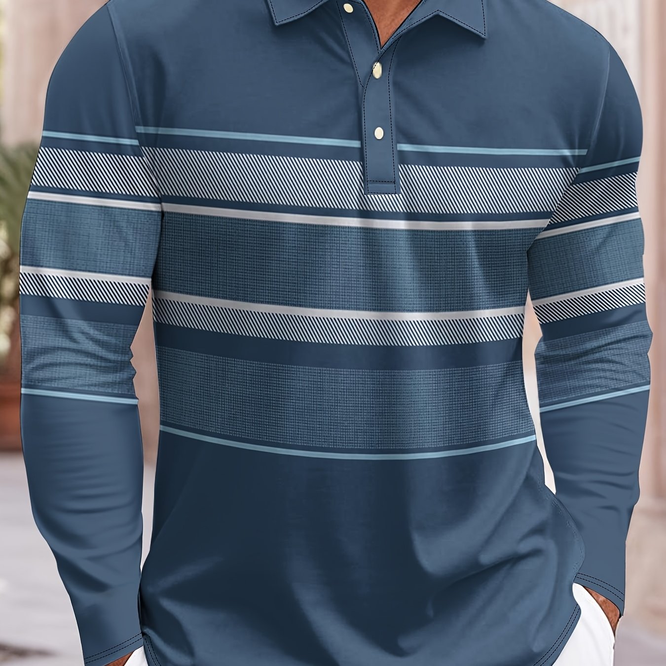 Polo de manga larga a rayas azules y blancas para hombre – Estilo casual y preppy