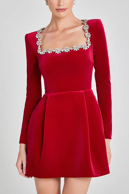 Square Neck Rhinestone Floral Dress – Elegant Long Sleeve A-Line Dress