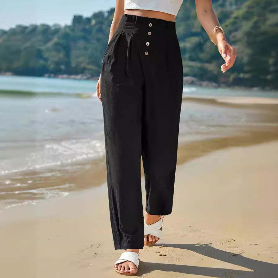 Pantalon décontracté taille haute Loom & Soul pour femme – Pantalon droit en coton et lin pour un confort au quotidien