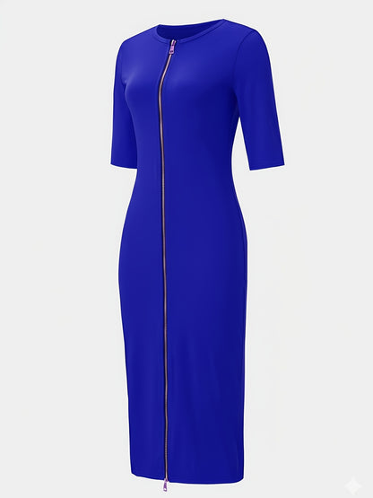 Vestido midi ajustado con cuello barco – Vestido elegante de manga corta con corte entallado