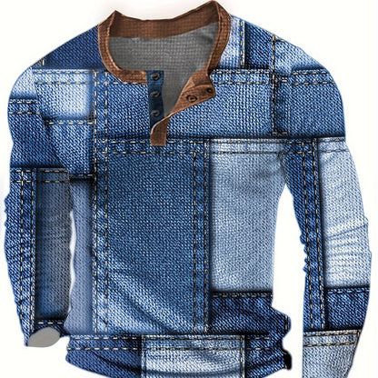 Camisa geométrica Henry para hombre – Camiseta de manga larga con cuello redondo informal