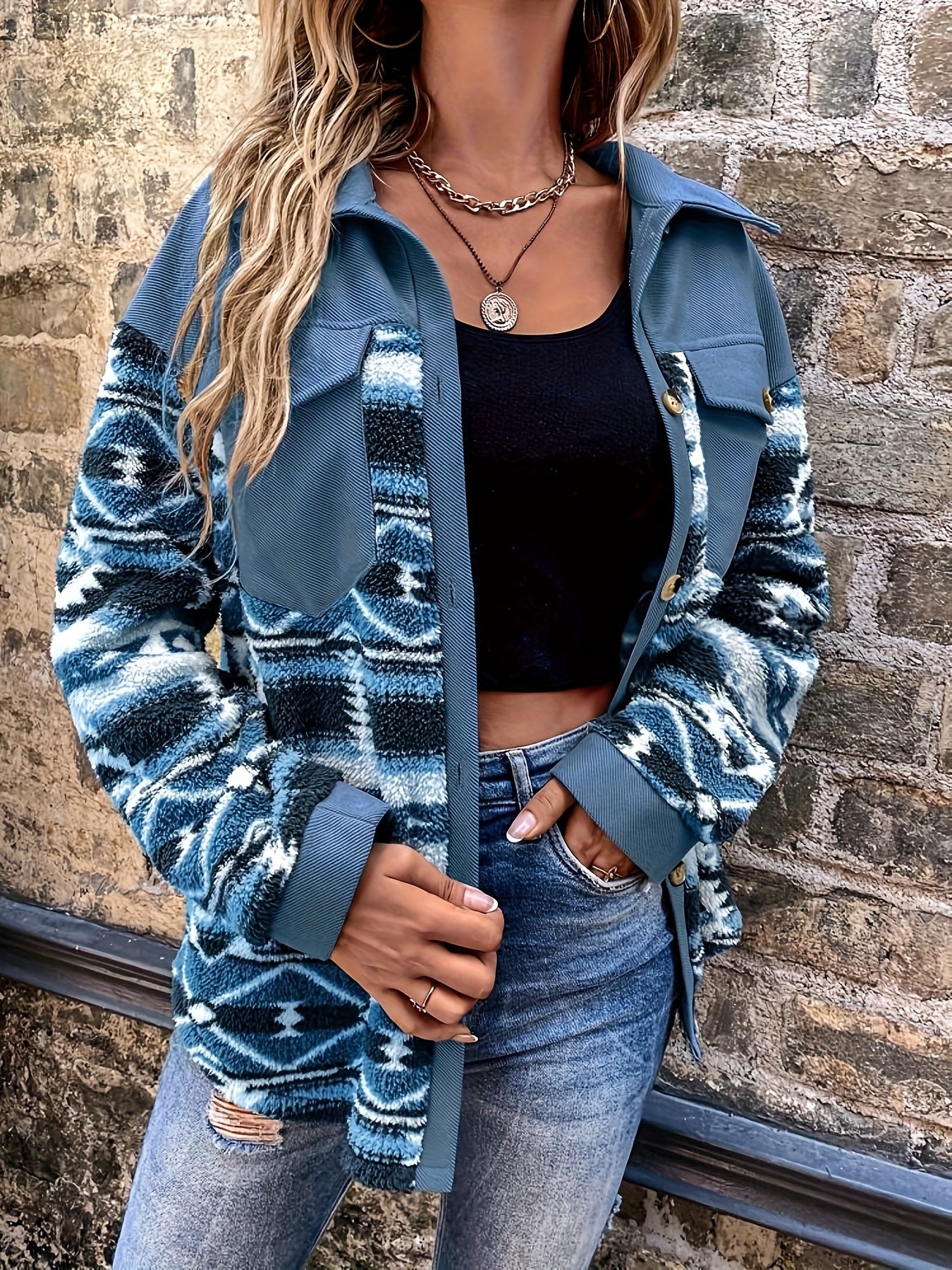 Chaqueta polar geométrica para mujer – Abrigo de invierno cálido con bloques de color
