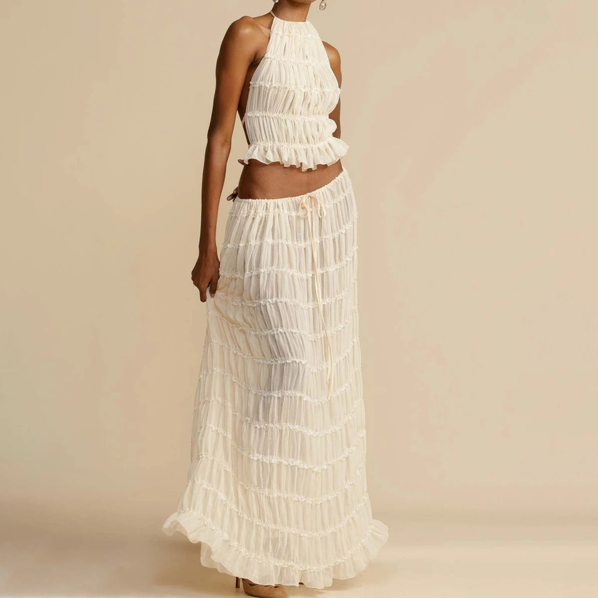 Conjunto de falda y top Loom & Soul™ de 2 piezas – Top corto sin espalda y falda larga plisada de talle alto para mujer