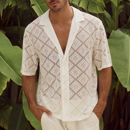 Camisa de Hombre Transpirable con Calados – Top Casual de Manga Corta con Solapa