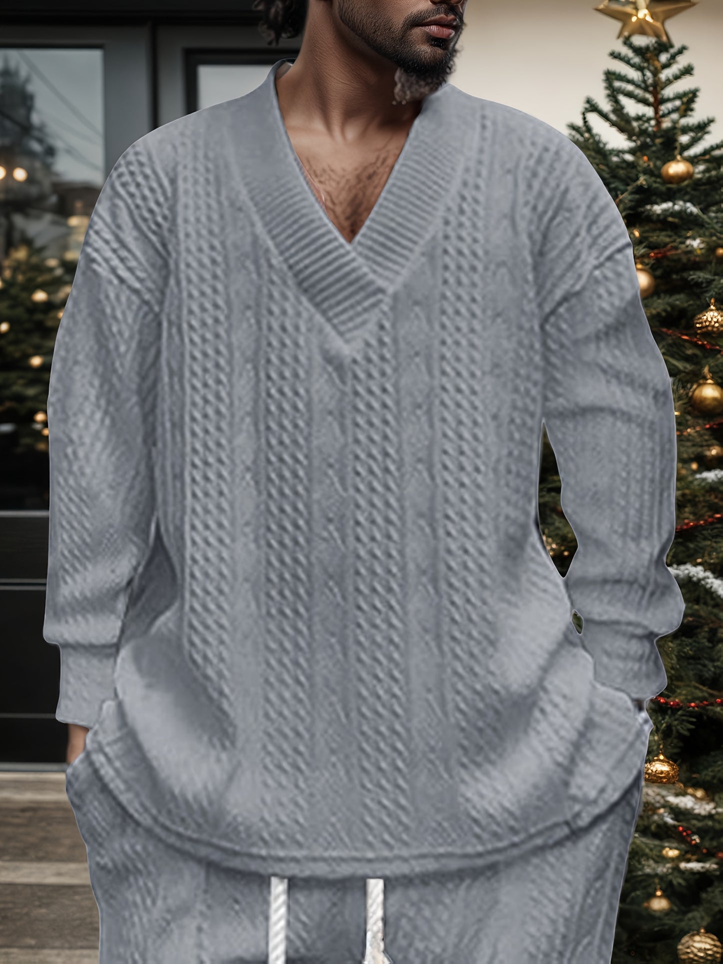 Suéter de punto con cuello en V para hombre – Jersey casual de jacquard acanalado