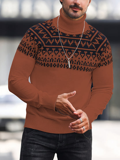Men’s Geometric Turtleneck Sweater – Casual Knit Pullover for Fall & Winter
