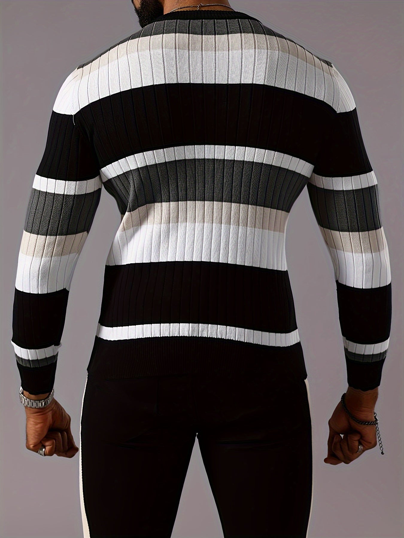 Pull rayé en tricot côtelé pour homme – Pull Color Block Automne Hiver