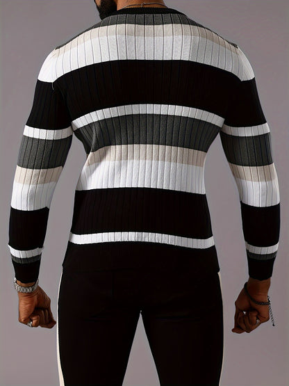 Pull rayé en tricot côtelé pour homme – Pull Color Block Automne Hiver