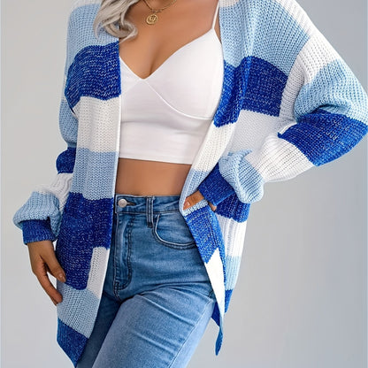 Women’s Color block Striped Cardigan – Puff Sleeve Winter Knit Sweater