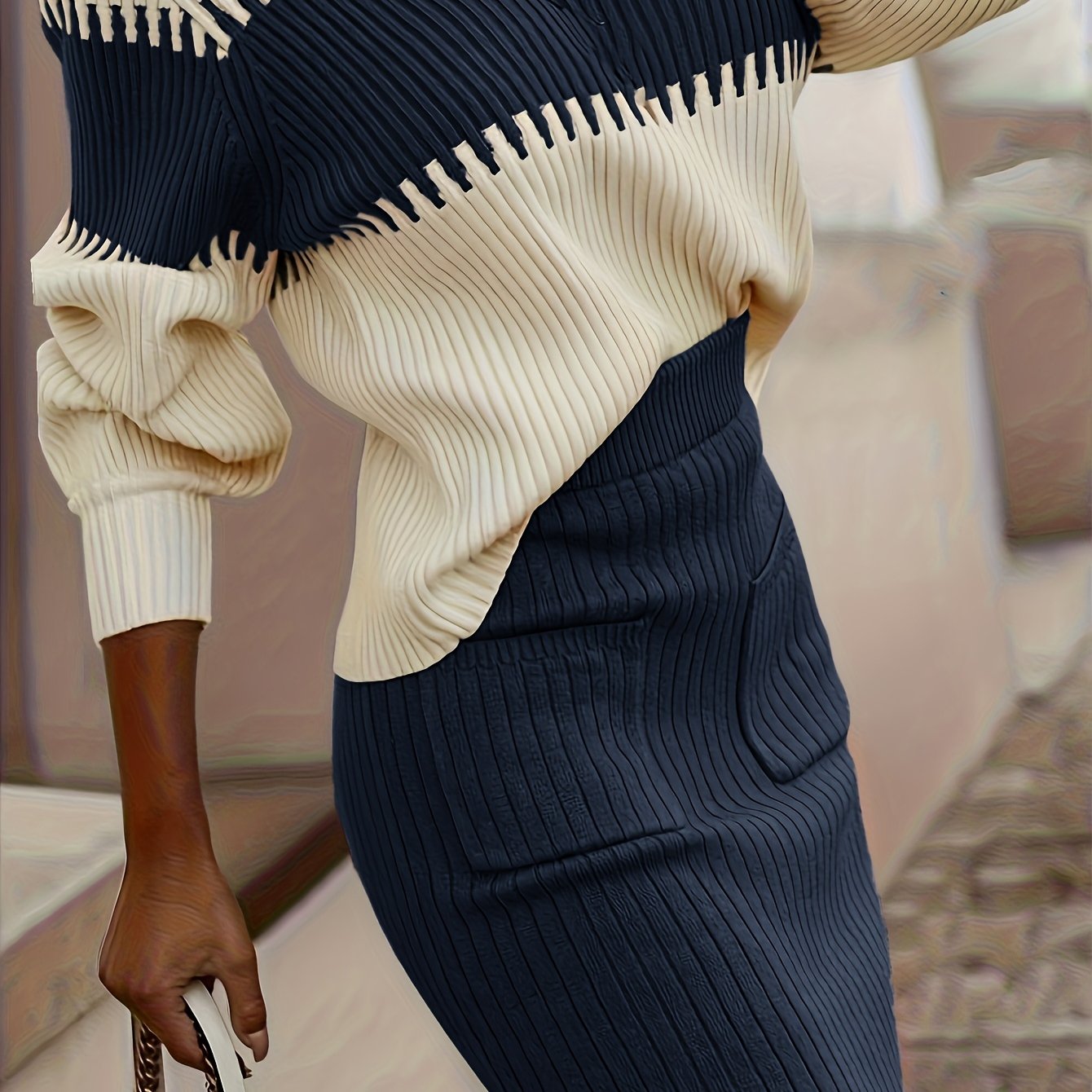 Conjunto de suéter y falda de cuello alto con bloques de color – Dos piezas elegantes de invierno