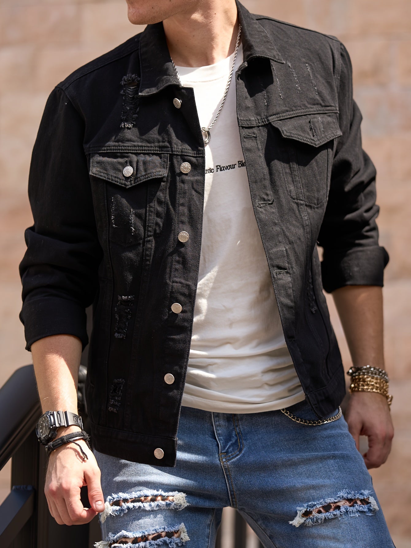 Chaqueta de mezclilla negra de corte ajustado para hombre – Estilo Moto con bolsillos