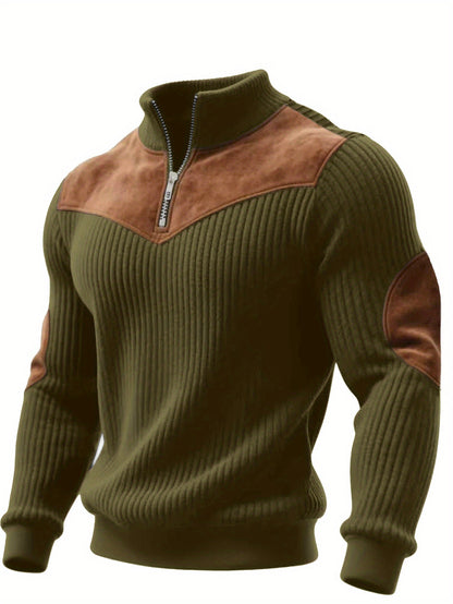 Jersey retro de cuello alto y media cremallera para hombre – Cálido y de canalé