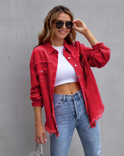 Chaqueta camisera rasgada Loom & Soul para mujer – Top casual de ajuste holgado con botones para primavera y otoño