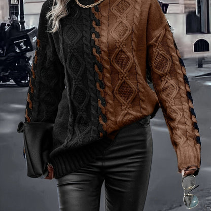 Blusa Elegante de Rayas con Cuello Alto – Top de Manga Larga de Punto Color Block