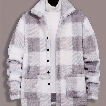 Men’s Black & White Plaid Fleece Jacket – Cozy Winter Overshirt
