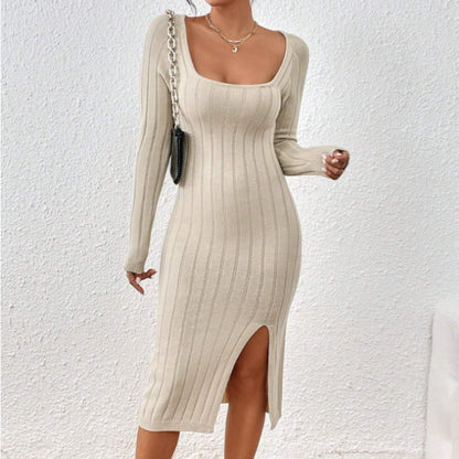 Vestido Midi de Punto con Cuello Cuadrado – Vestido Elegante Geométrico de Manga Larga