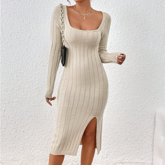 Square Neck Knit Midi Dress – Long Sleeve Geometric Elegant Dress