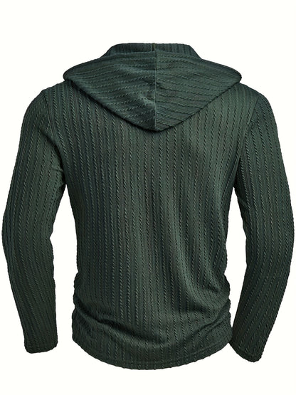 Camisa Henley con capucha para hombre – Sudadera texturizada informal de manga larga con cordón