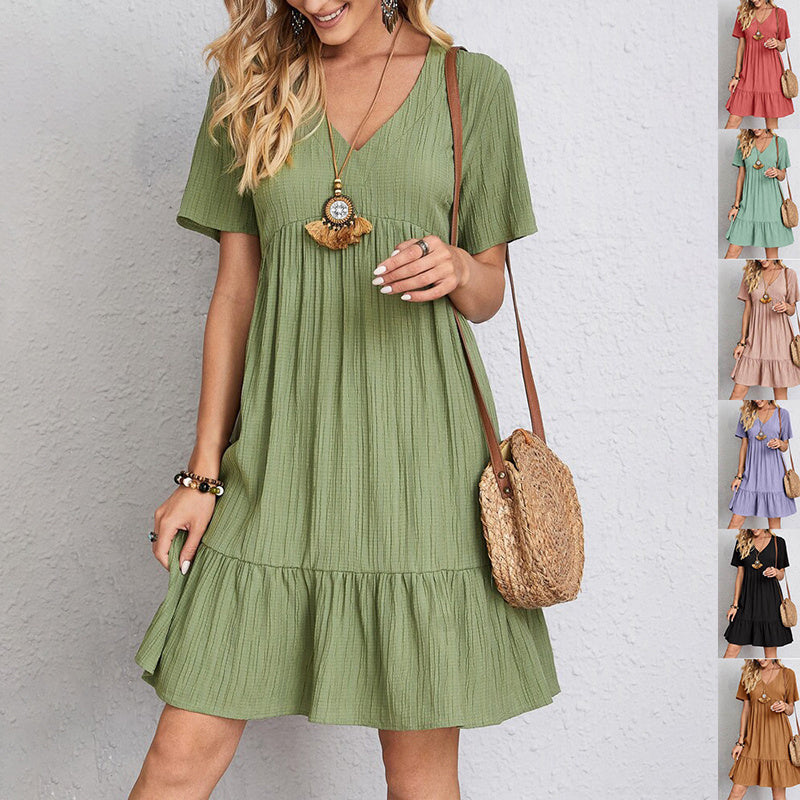 Robe à col en V à volants Loom & Soul™ – Robe d'été décontractée à manches courtes pour femme