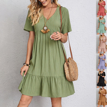 Robe à col en V à volants Loom & Soul™ – Robe d'été décontractée à manches courtes pour femme