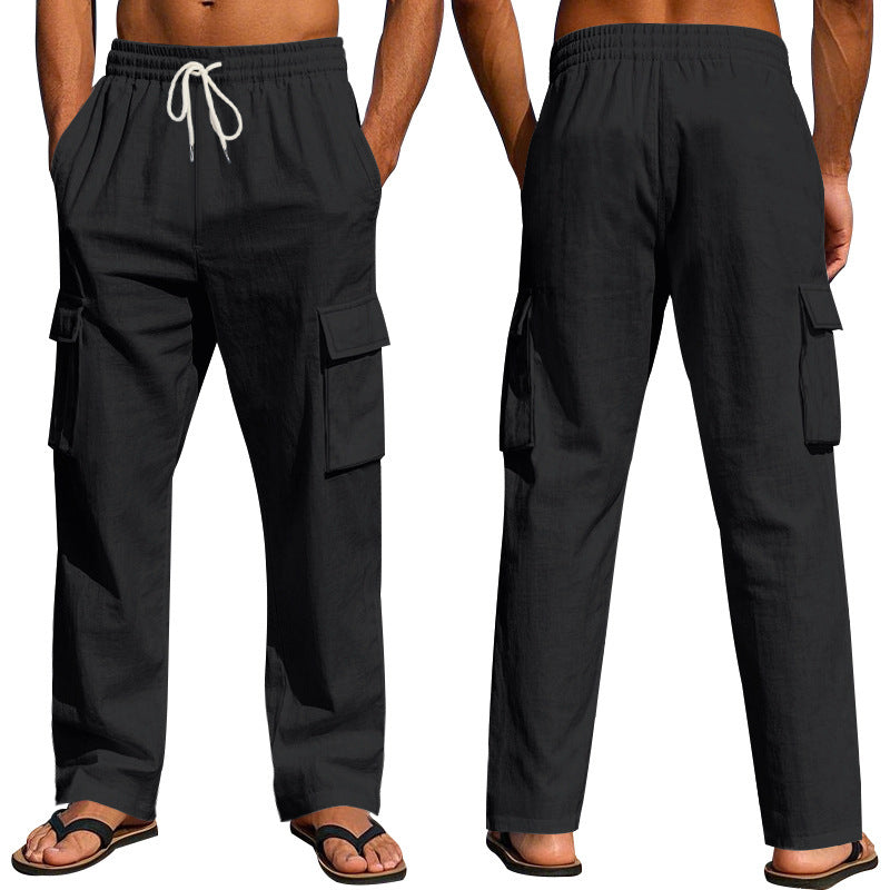 Loom & Soul™ Pantalones cargo de lino para hombre – Pantalones de trabajo transpirables de pernera recta con múltiples bolsillos