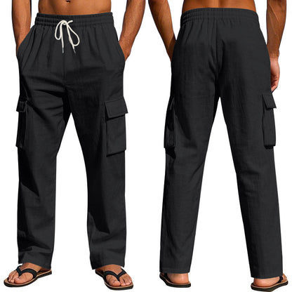 Loom & Soul™ Pantalones cargo de lino para hombre – Pantalones de trabajo transpirables de pernera recta con múltiples bolsillos