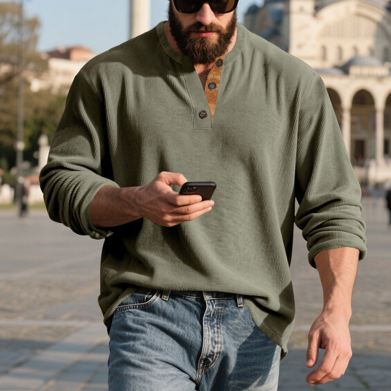 Camisa Henley de pana retro para hombre – Manga larga ajuste holgado