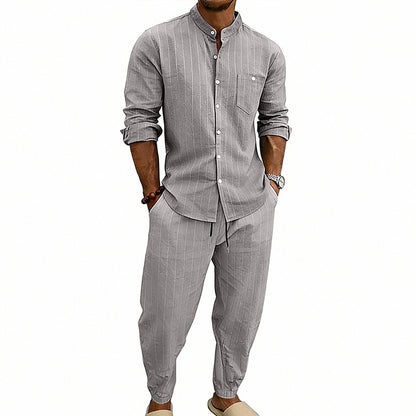 Men’s Striped Henley Set – Linen Jogger Streetwear Outfit