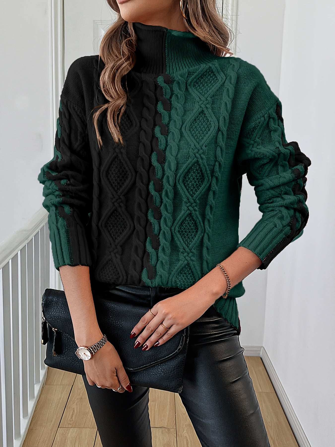 Blusa Elegante de Rayas con Cuello Alto – Top de Manga Larga de Punto Color Block
