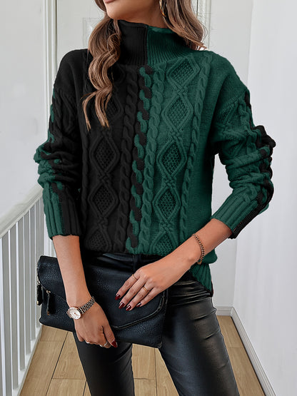 Blusa Elegante de Rayas con Cuello Alto – Top de Manga Larga de Punto Color Block
