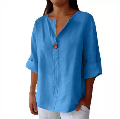 Loom & Soul™ Top de botones con cuello en V de algodón y lino para mujer – Blusa suelta de manga larga
