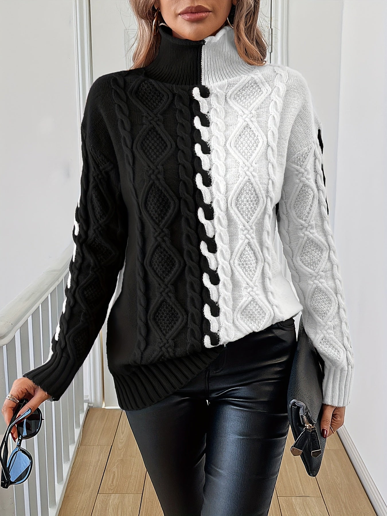 Blusa Elegante de Rayas con Cuello Alto – Top de Manga Larga de Punto Color Block