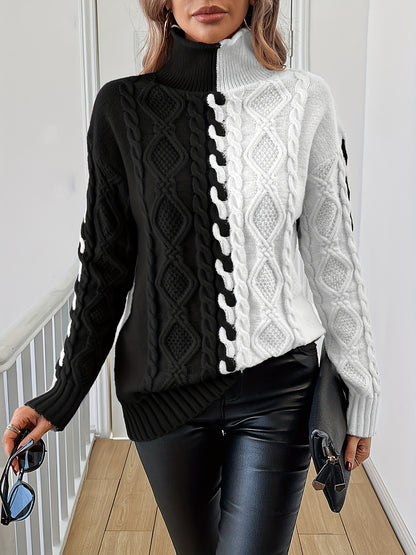 Blusa Elegante de Rayas con Cuello Alto – Top de Manga Larga de Punto Color Block