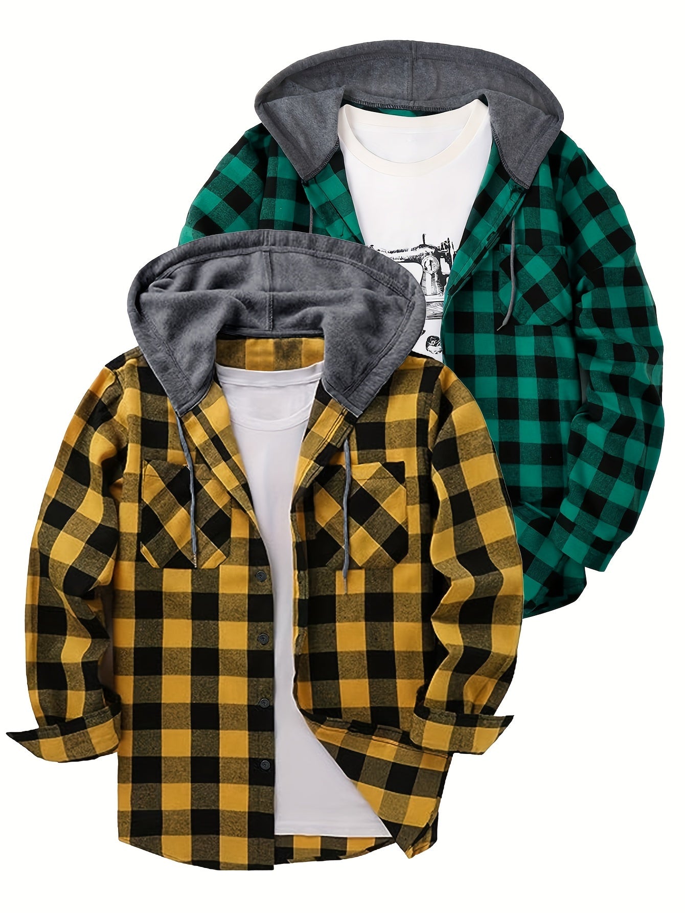 Camisas a cuadros con capucha para hombre, 2 piezas – Conjunto de chaqueta tipo suéter con botones