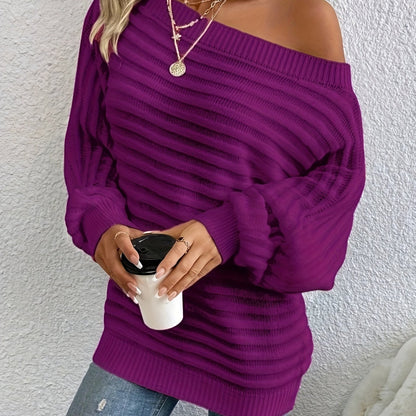 Blusa de talla grande con hombros descubiertos – Blusa informal de manga murciélago acanalada
