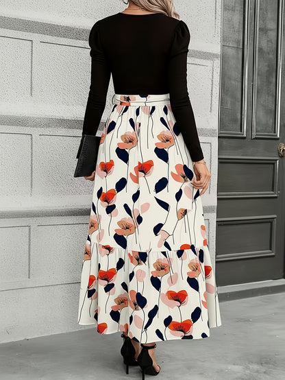 Vestido largo con lazo en la cintura y estampado floral en azul marino – Elegante vestido retro con corte ajustado y falda acampanada