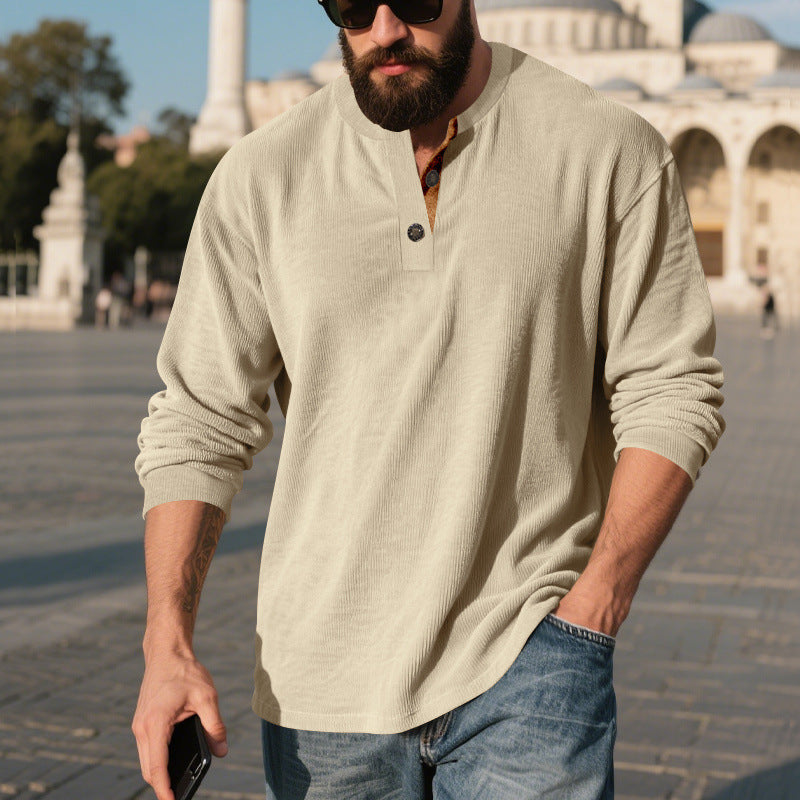 Camisa Henley de pana retro para hombre – Manga larga ajuste holgado