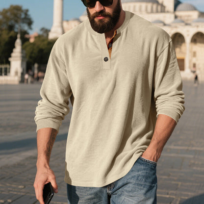 Camisa Henley de pana retro para hombre – Manga larga ajuste holgado
