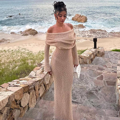 One-Shoulder Knit Maxi Dress – Elegant Long Sleeve Beach Dress