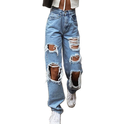 Jean en denim lavé classique Loom & Soul™ – Pantalon femme taille mi-haute coupe droite avec détails effilochés