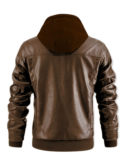 Chaqueta Bomber de Cuero Sintético para Hombre – Con Cremallera y Capucha Removible